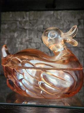 Jeannette Glass "Mama Quack" Marigold Carnival Glass Duck On A Nest Candy Dish